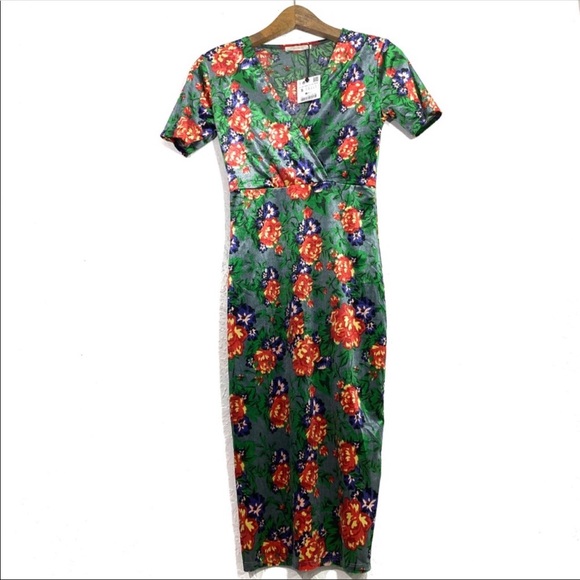 Zara Green Velvet Floral Midi Dress - Picture 5 of 8